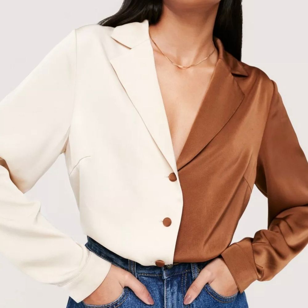 Nasty Gal Color Block Brown and Cream Satin Button-Up Shirt Blouse Size 8 NWT
